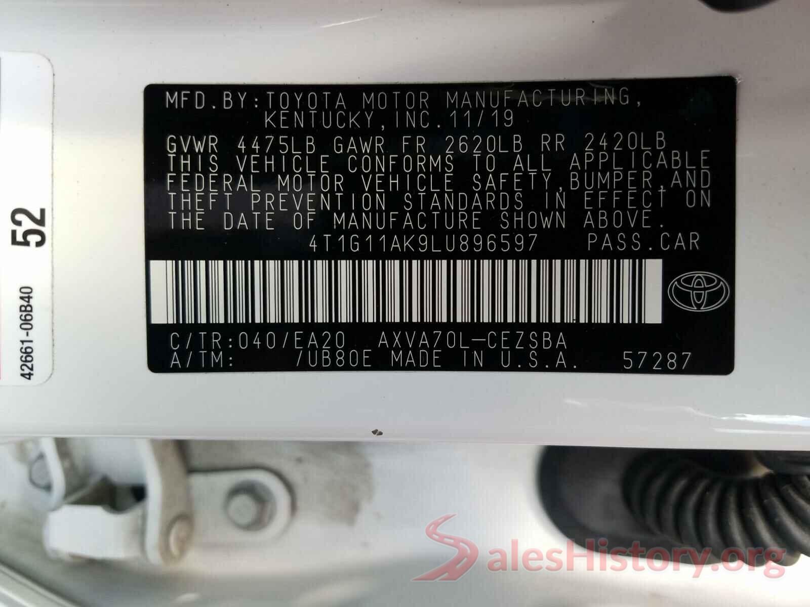 4T1G11AK9LU896597 2020 TOYOTA CAMRY