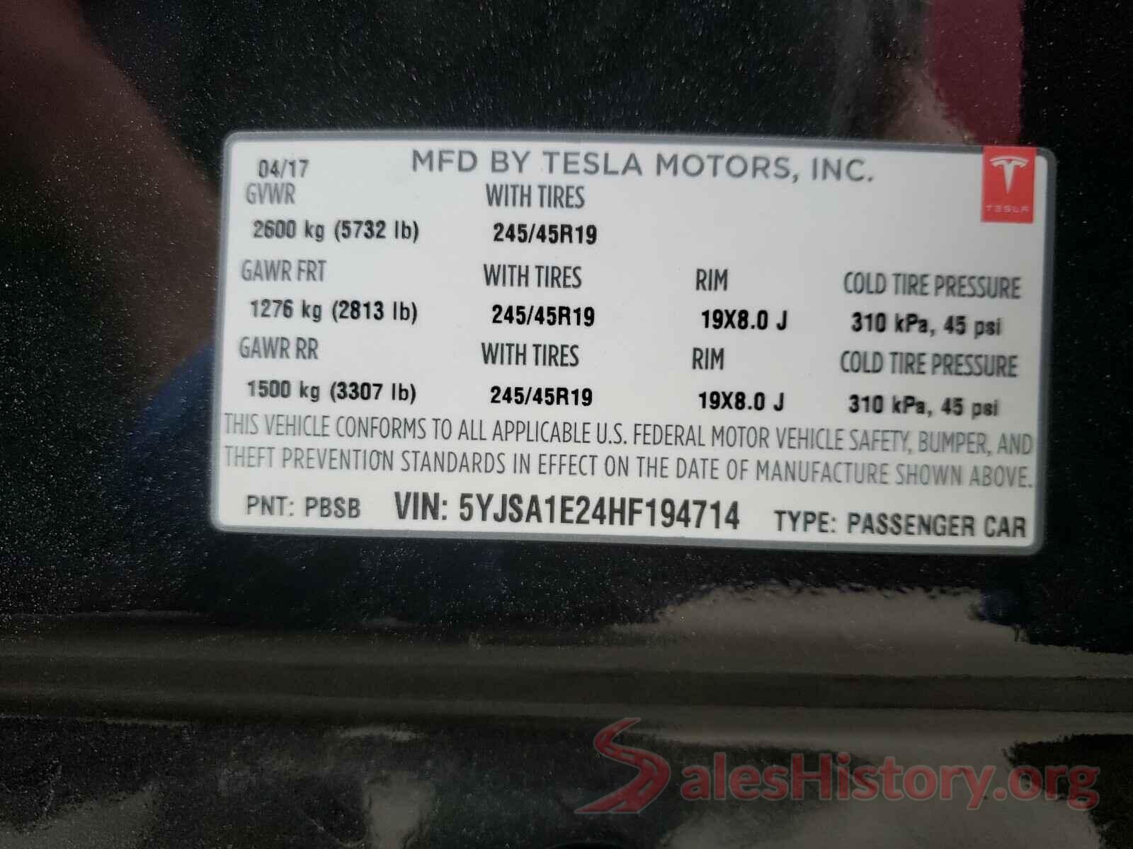 5YJSA1E24HF194714 2017 TESLA MODEL S