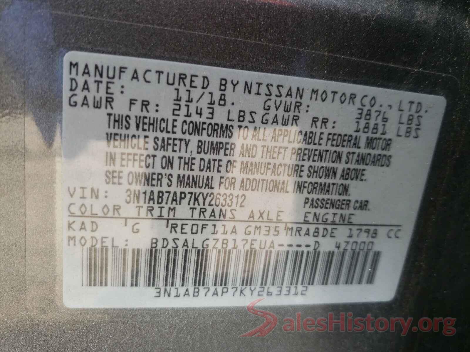 3N1AB7AP7KY263312 2019 NISSAN SENTRA