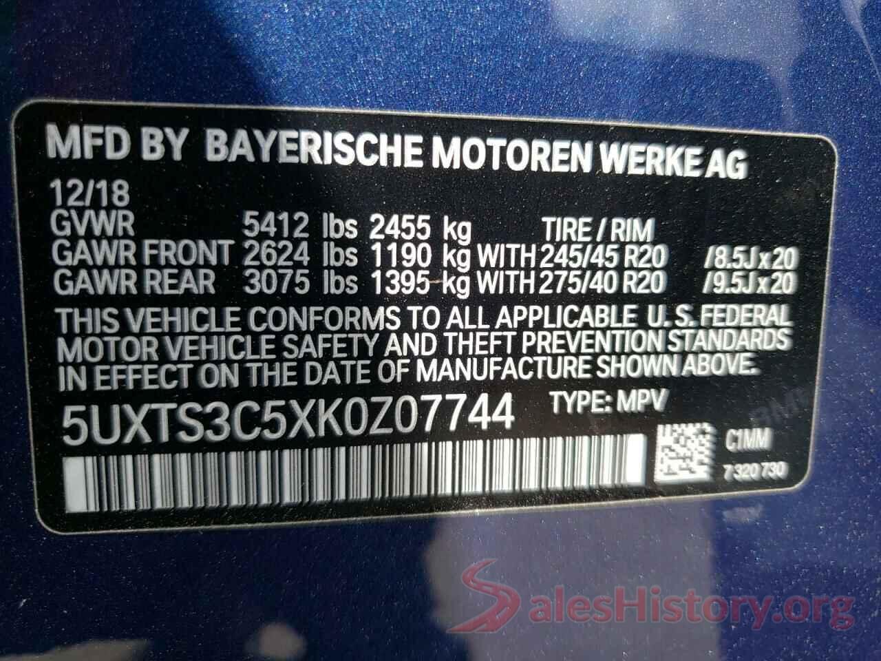 5UXTS3C5XK0Z07744 2019 BMW X3