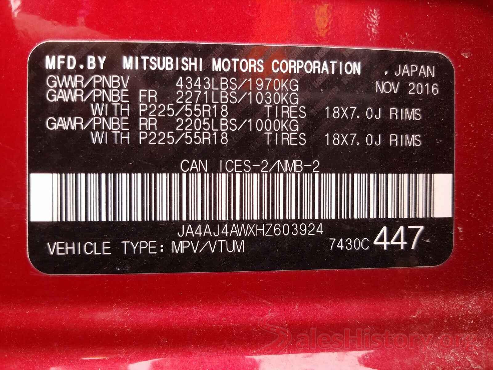 JA4AJ4AWXHZ603924 2017 MITSUBISHI OUTLANDER