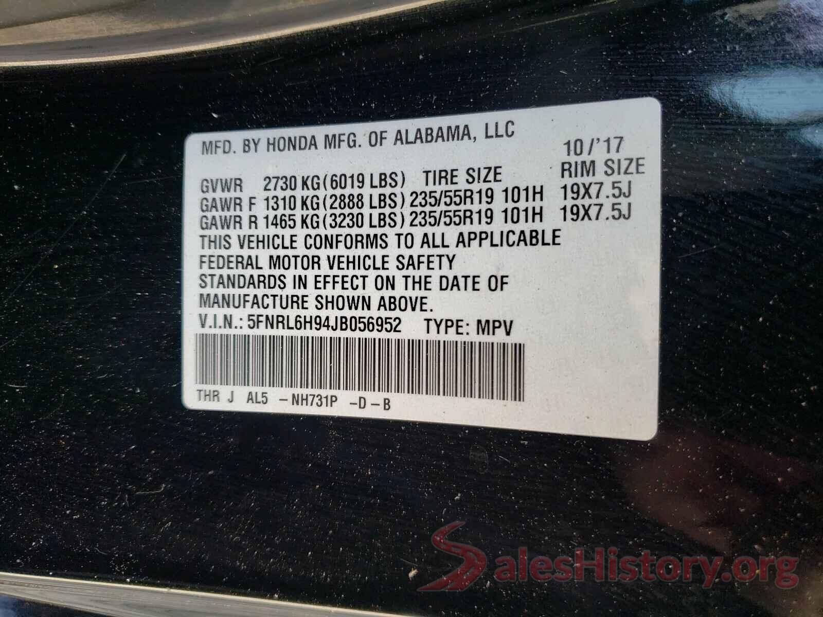 5FNRL6H94JB056952 2018 HONDA ODYSSEY