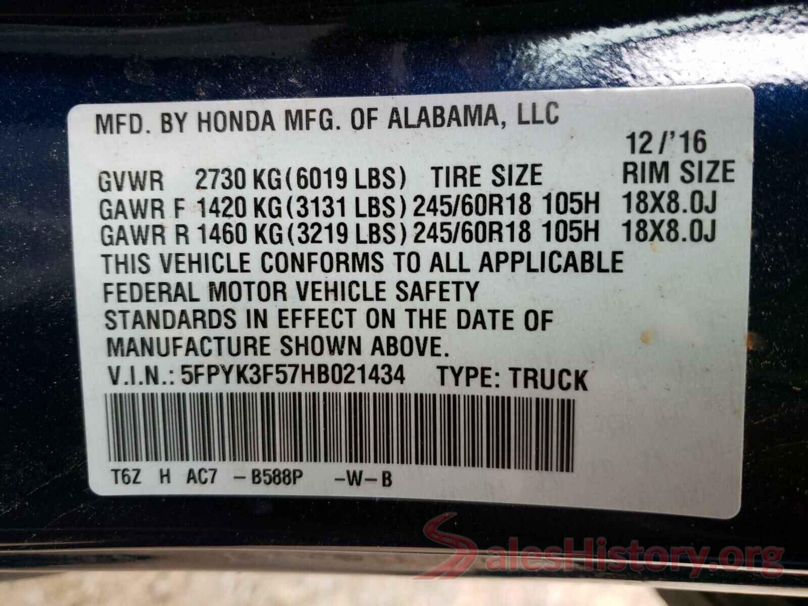 5FPYK3F57HB021434 2017 HONDA RIDGELINE