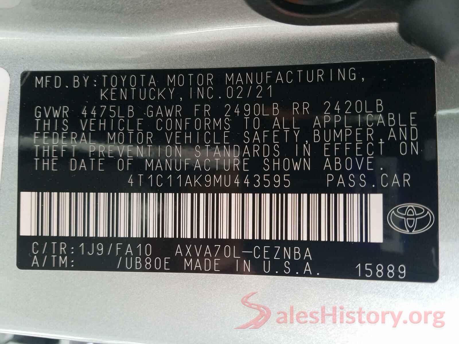 4T1C11AK9MU443595 2021 TOYOTA CAMRY