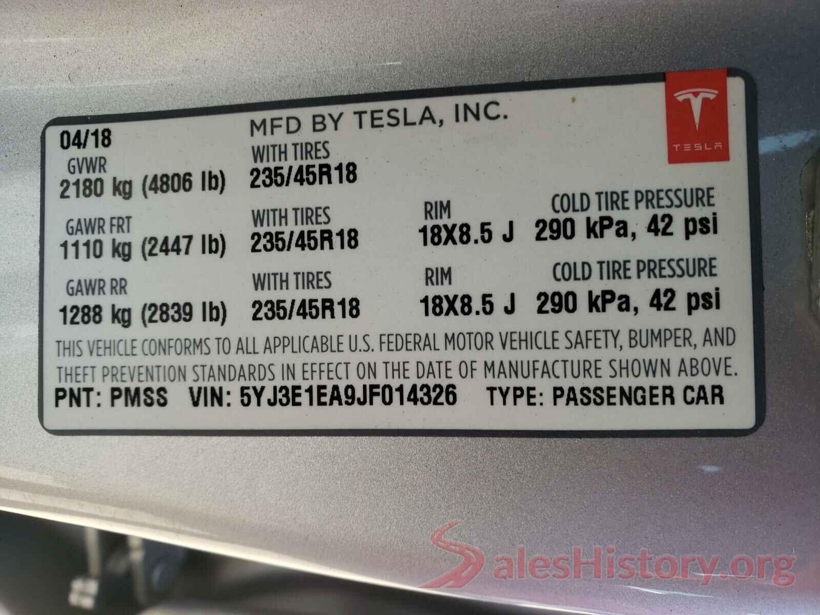 5YJ3E1EA9JF014326 2018 TESLA MODEL 3