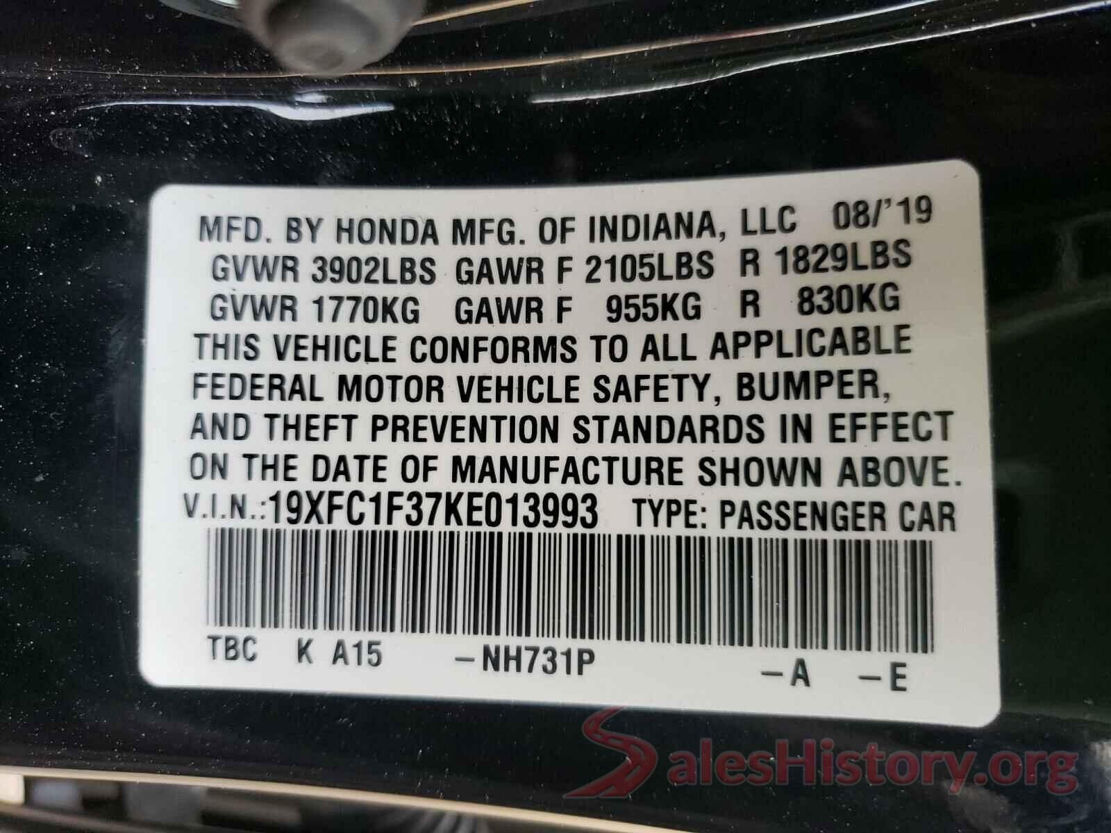 19XFC1F37KE013993 2019 HONDA CIVIC