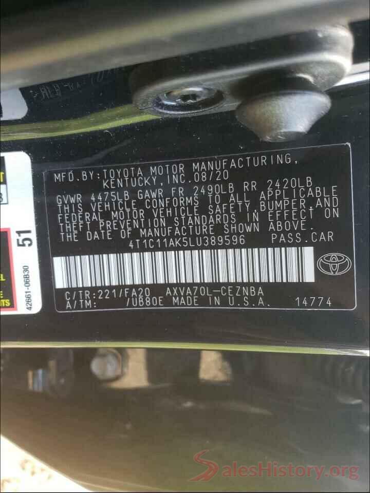 4T1C11AK5LU389596 2020 TOYOTA CAMRY