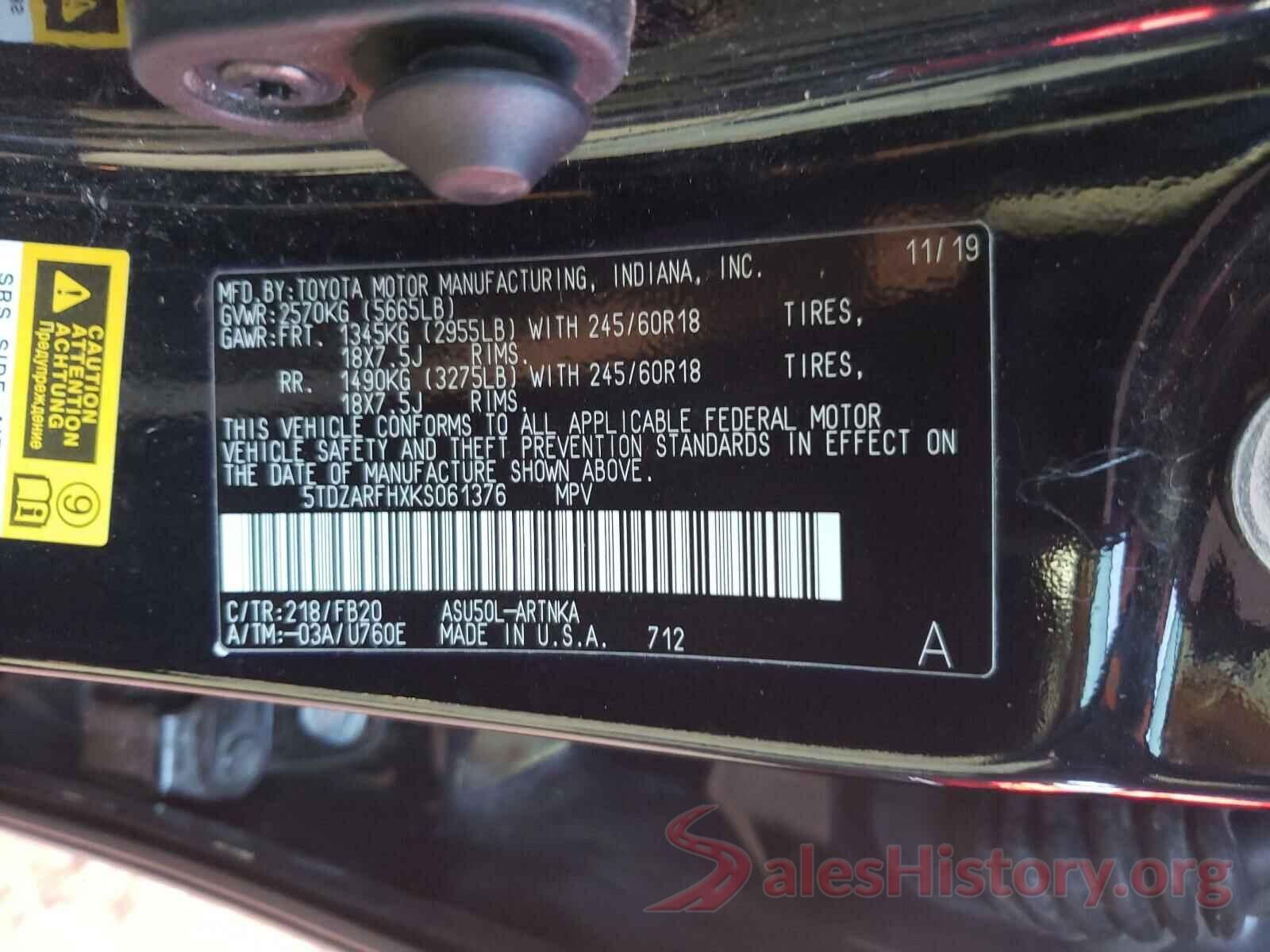 5TDZARFHXKS061376 2019 TOYOTA HIGHLANDER