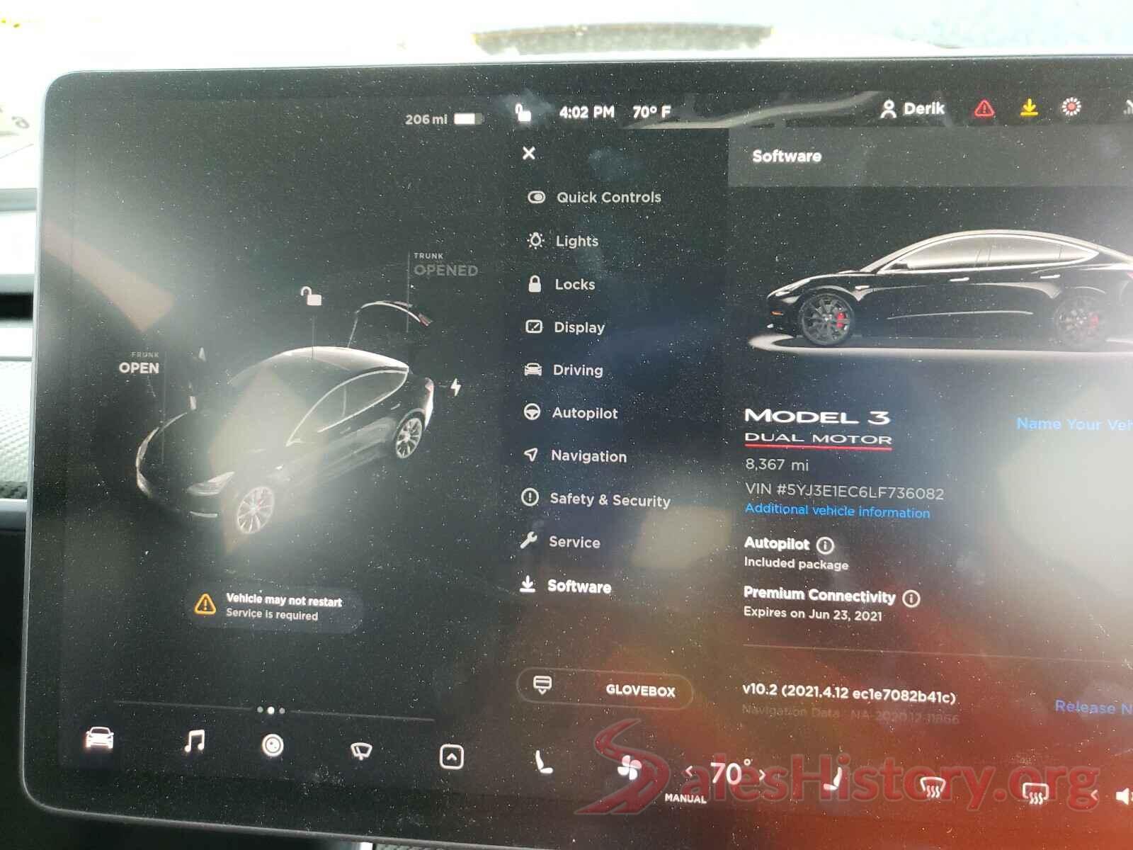 5YJ3E1EC6LF736082 2020 TESLA MODEL 3