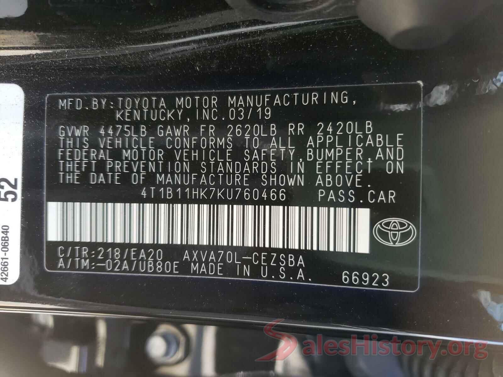 4T1B11HK7KU760466 2019 TOYOTA CAMRY