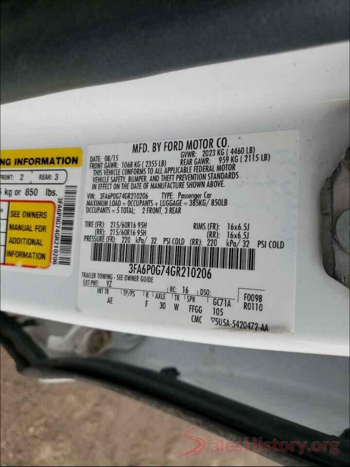 3FA6P0G74GR210206 2016 FORD FUSION