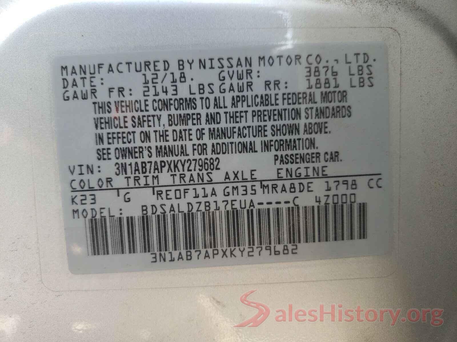 3N1AB7APXKY279682 2019 NISSAN SENTRA