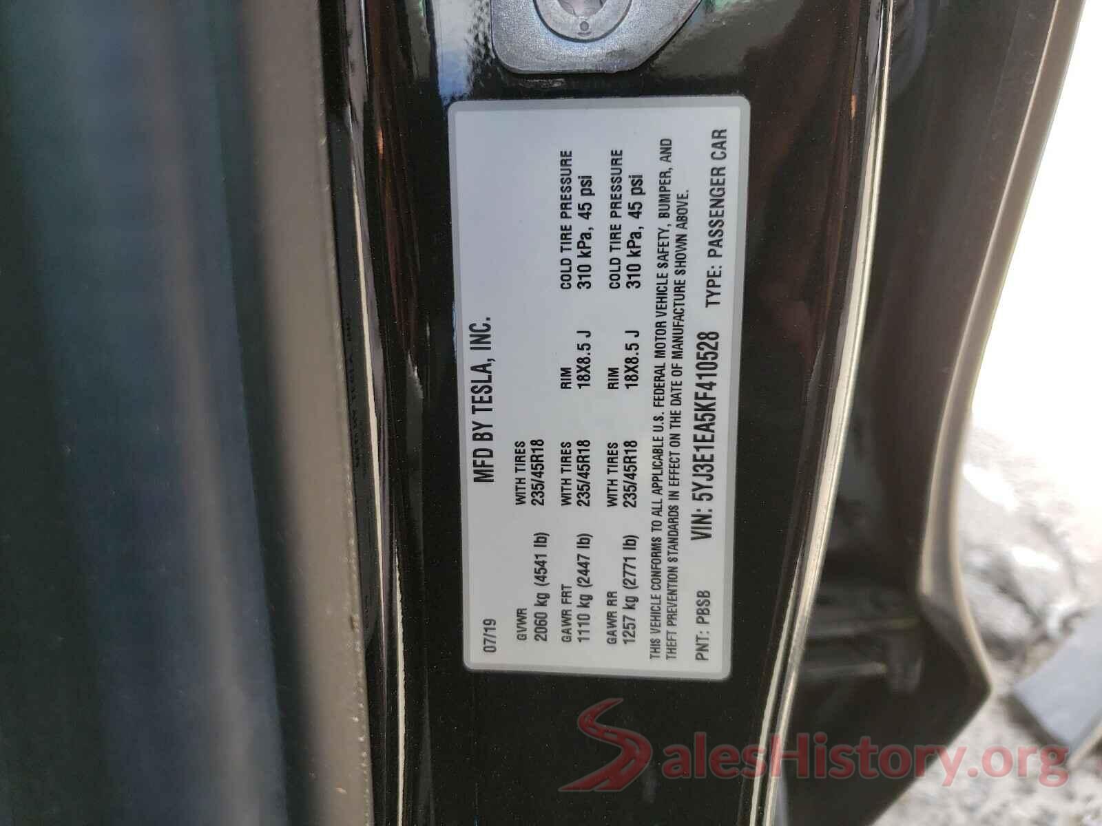 5YJ3E1EA5KF410528 2019 TESLA MODEL 3