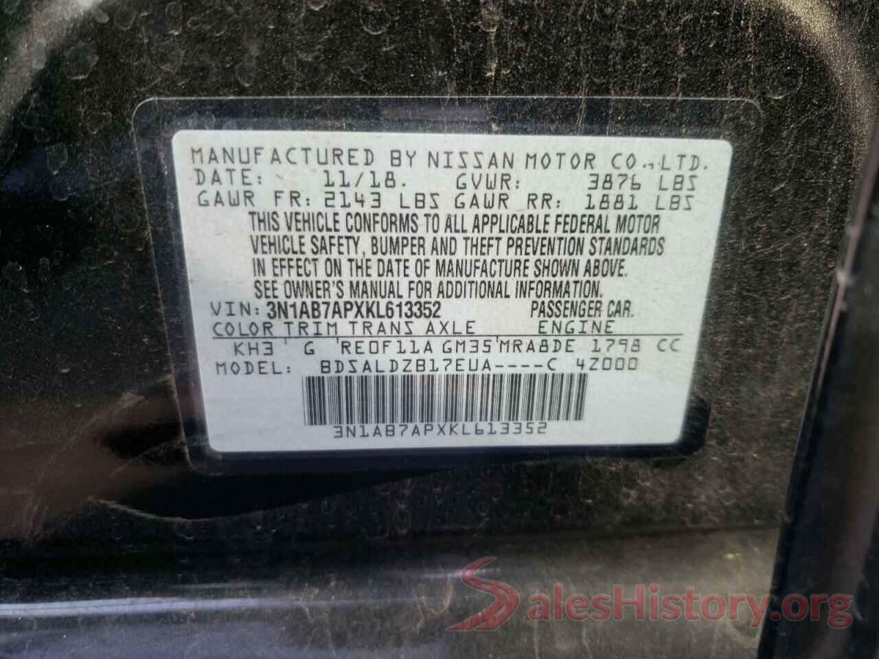 3N1AB7APXKL613352 2019 NISSAN SENTRA