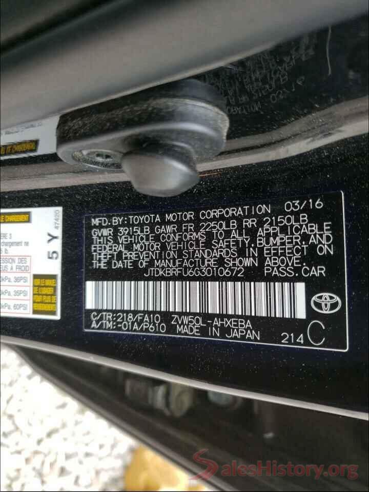 JTDKBRFU6G3010672 2016 TOYOTA PRIUS