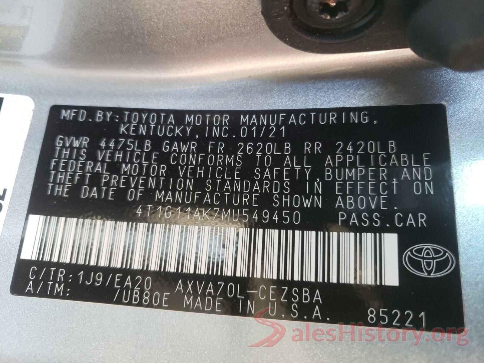 4T1G11AK7MU549450 2021 TOYOTA CAMRY