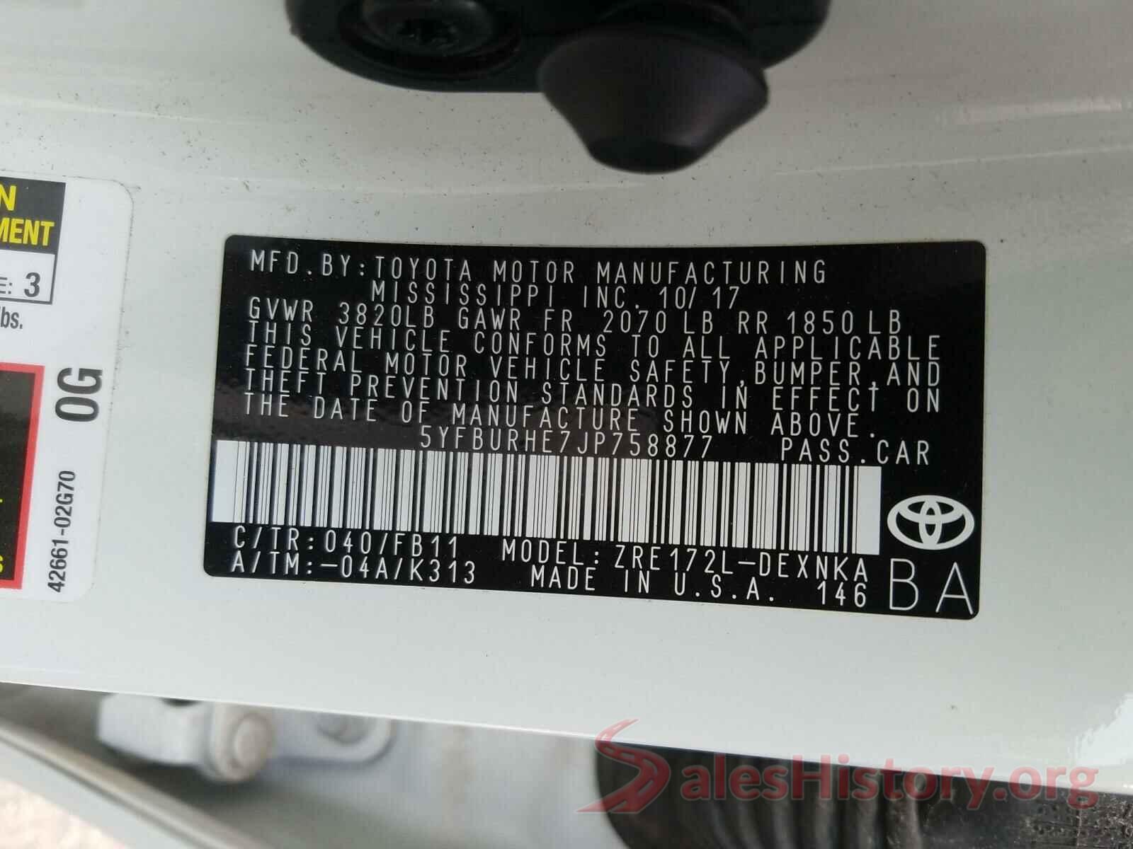 5YFBURHE7JP758877 2018 TOYOTA COROLLA