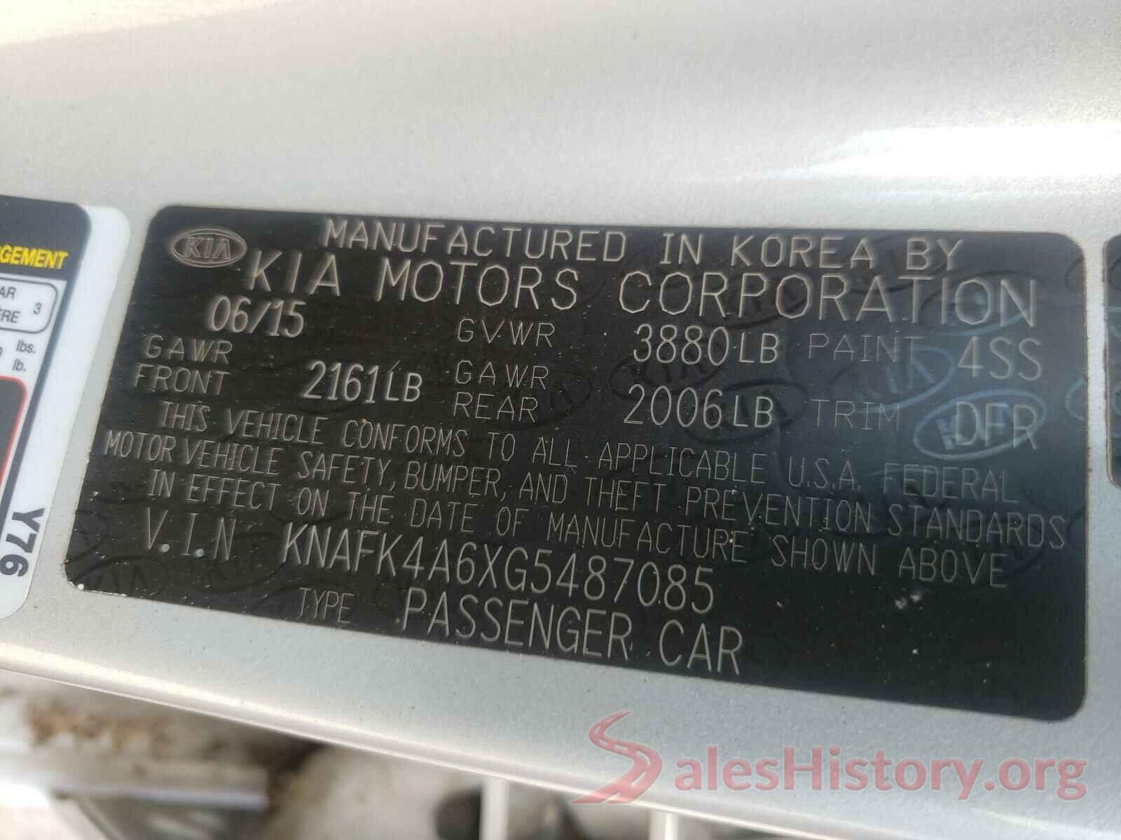 KNAFK4A6XG5487085 2016 KIA FORTE