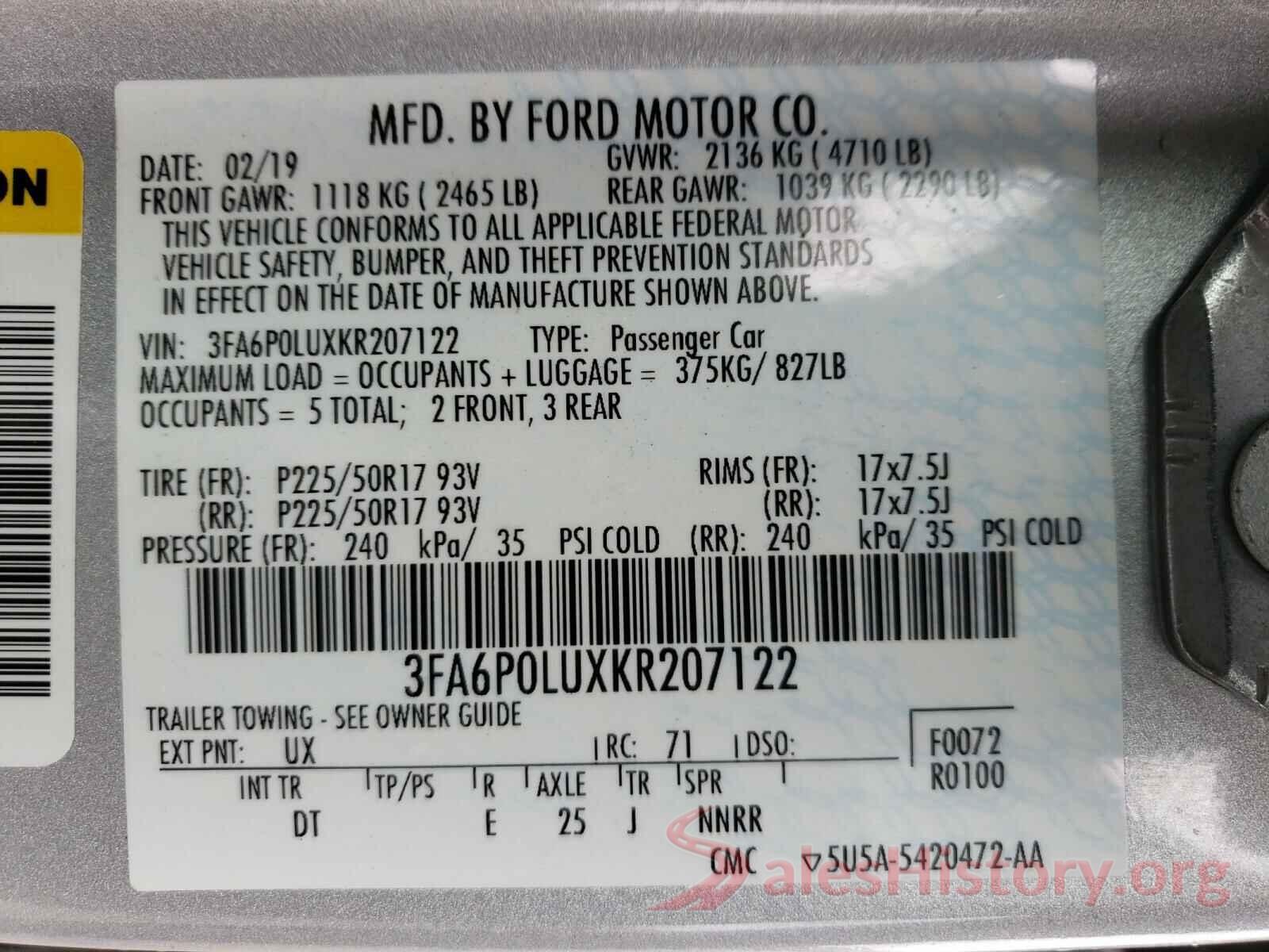 3FA6P0LUXKR207122 2019 FORD FUSION