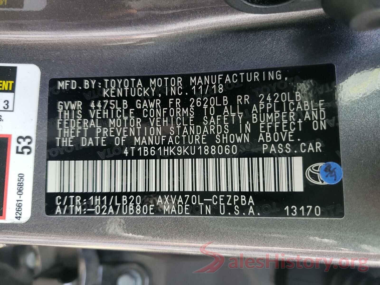 4T1B61HK9KU188060 2019 TOYOTA CAMRY