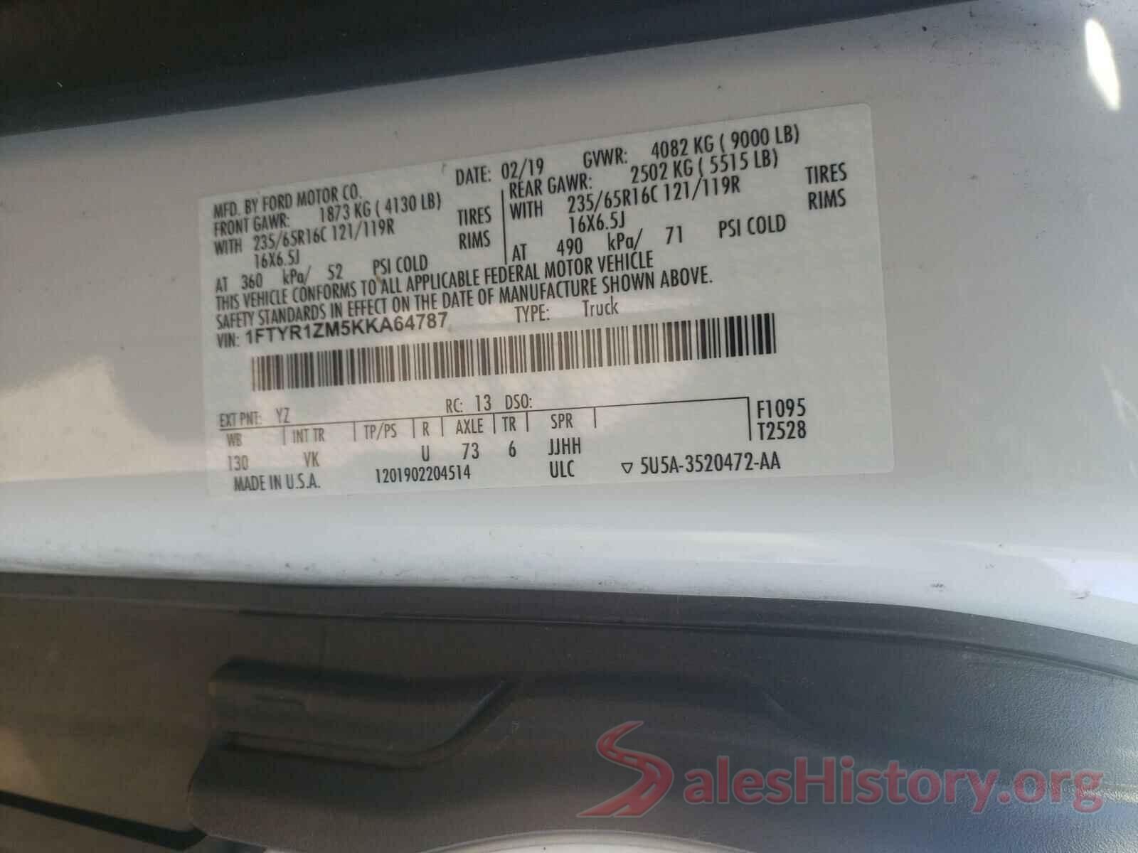 1FTYR1ZM5KKA64787 2019 FORD TRANSIT CO