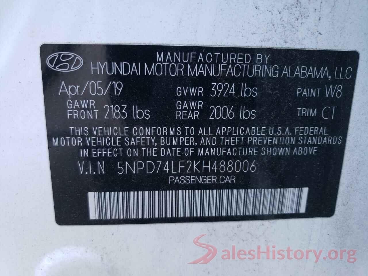 5NPD74LF2KH488006 2019 HYUNDAI ELANTRA