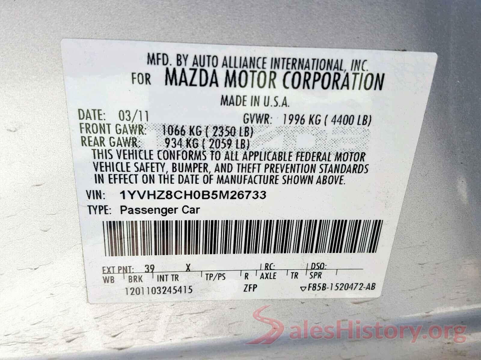 1YVHZ8CH0B5M26733 2011 MAZDA 6