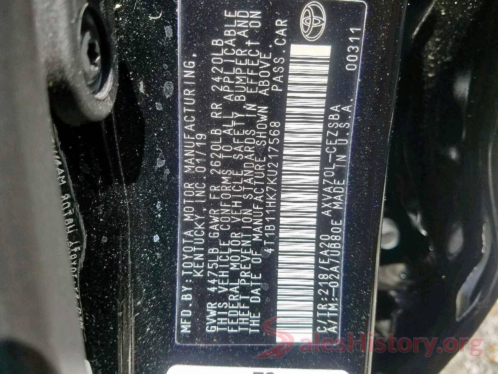 4T1B11HK7KU217568 2019 TOYOTA CAMRY