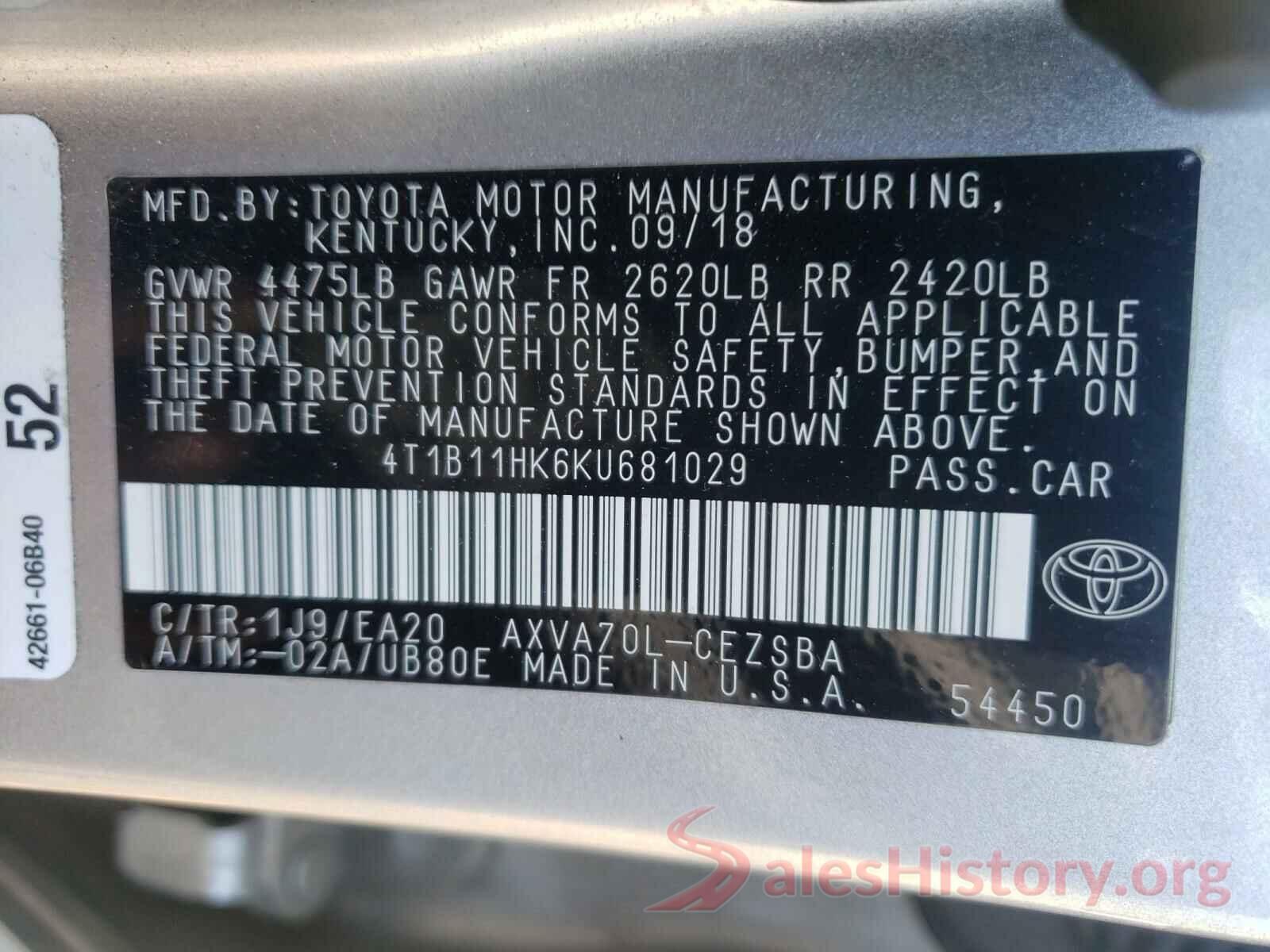 4T1B11HK6KU681029 2019 TOYOTA CAMRY