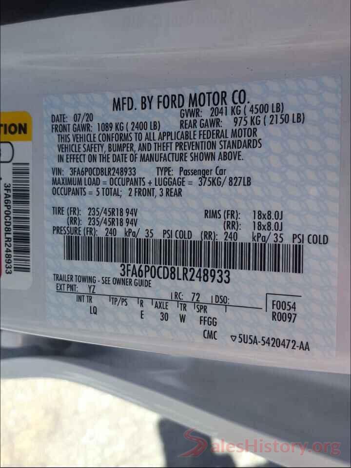 3FA6P0CD8LR248933 2020 FORD FUSION