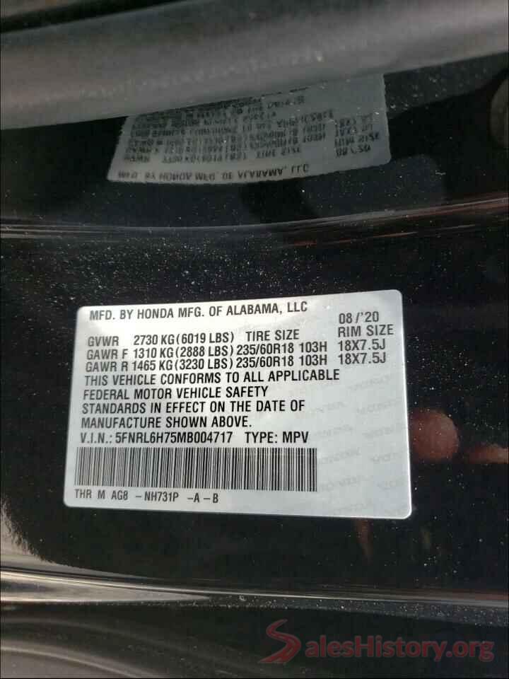 5FNRL6H75MB004717 2021 HONDA ODYSSEY