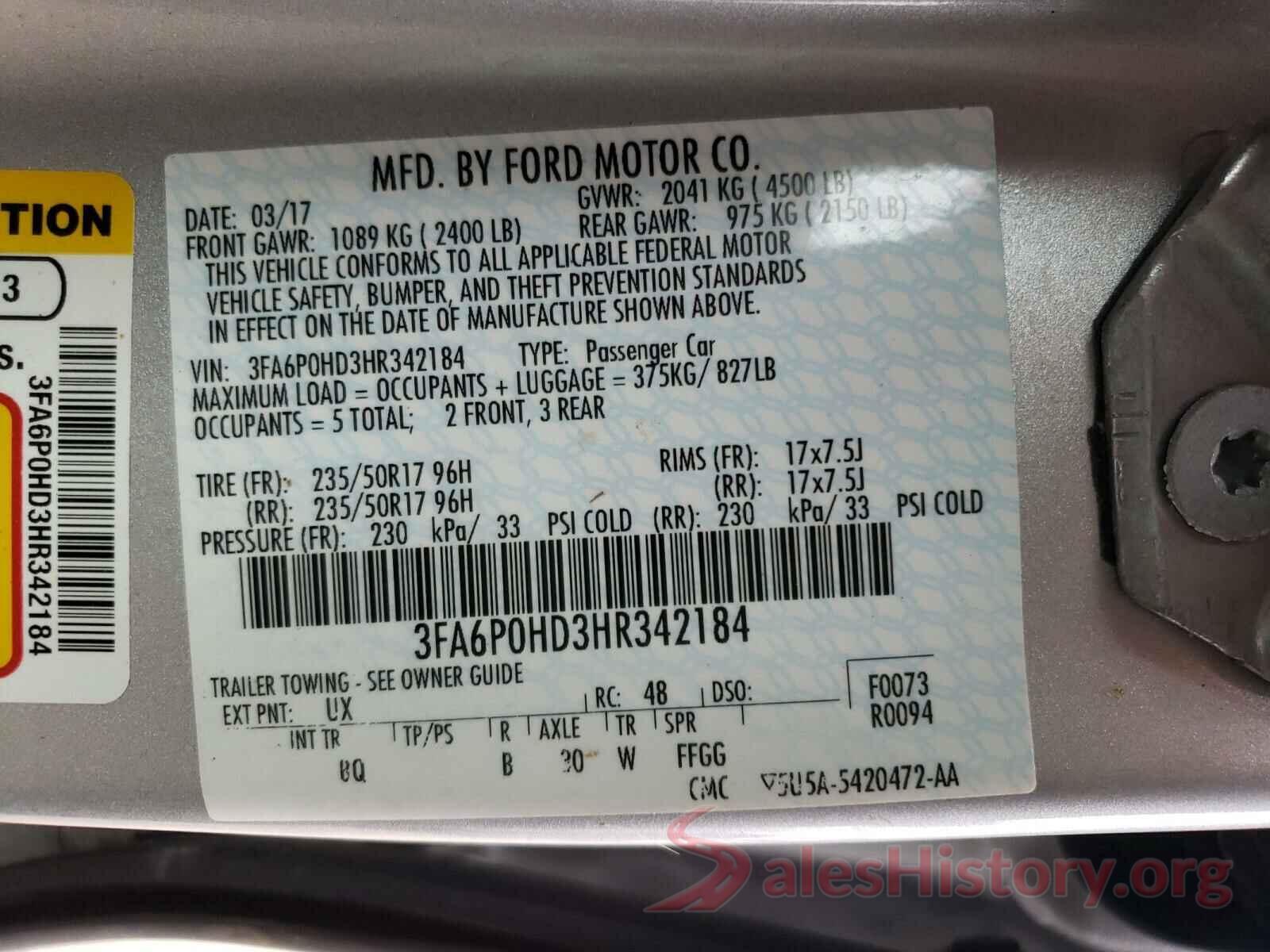 3FA6P0HD3HR342184 2017 FORD FUSION