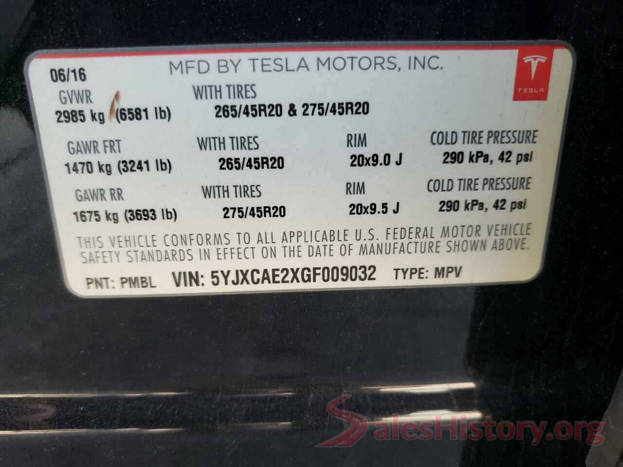 5YJXCAE2XGF009032 2016 TESLA MODEL X