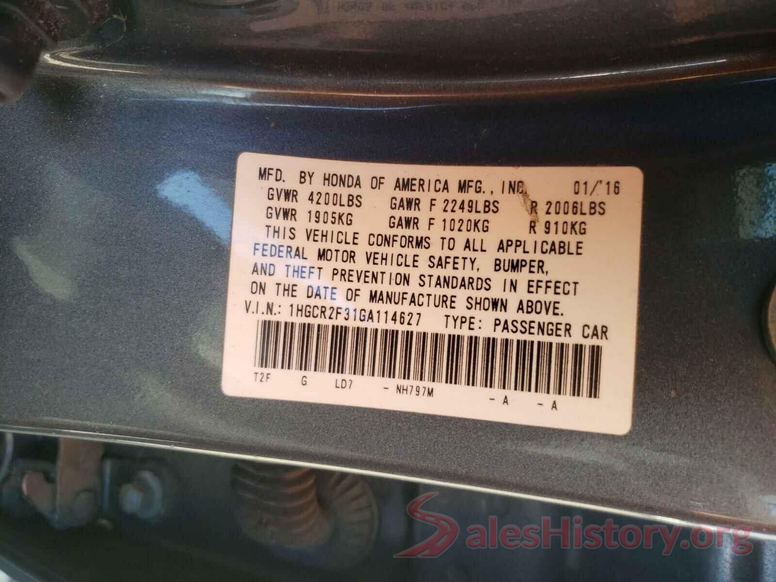 1HGCR2F31GA114627 2016 HONDA ACCORD