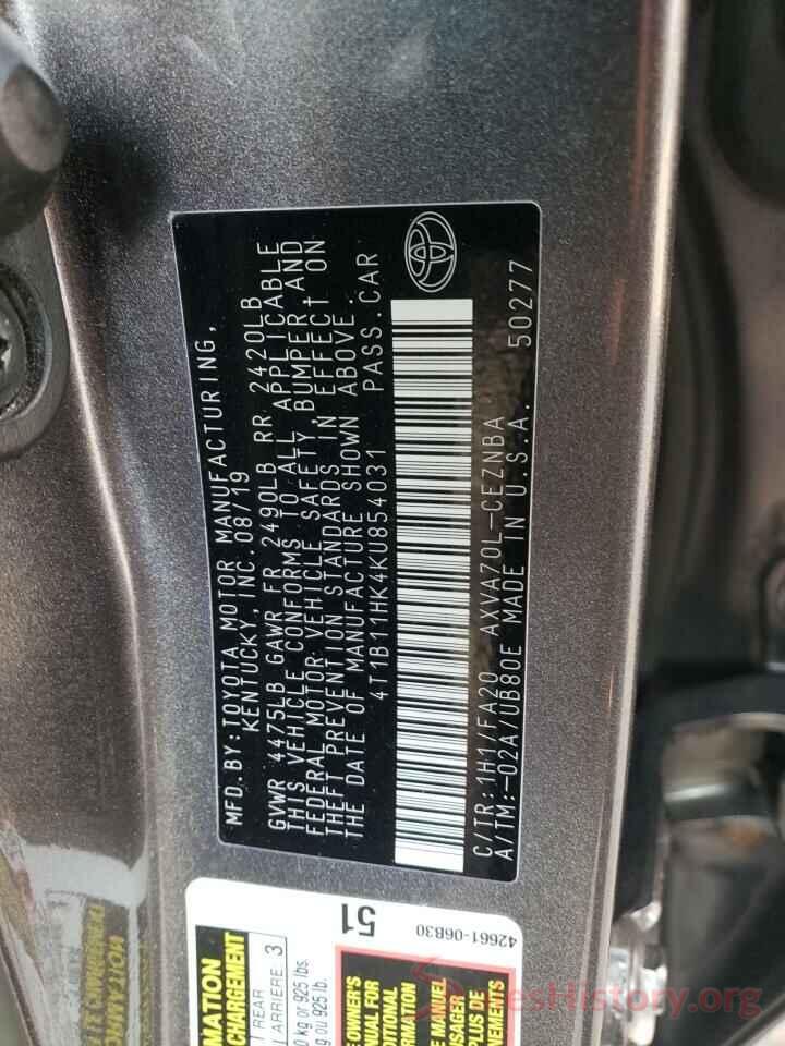 4T1B11HK4KU854031 2019 TOYOTA CAMRY