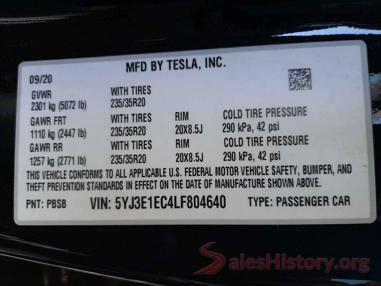 5YJ3E1EC4LF804640 2020 TESLA MODEL 3