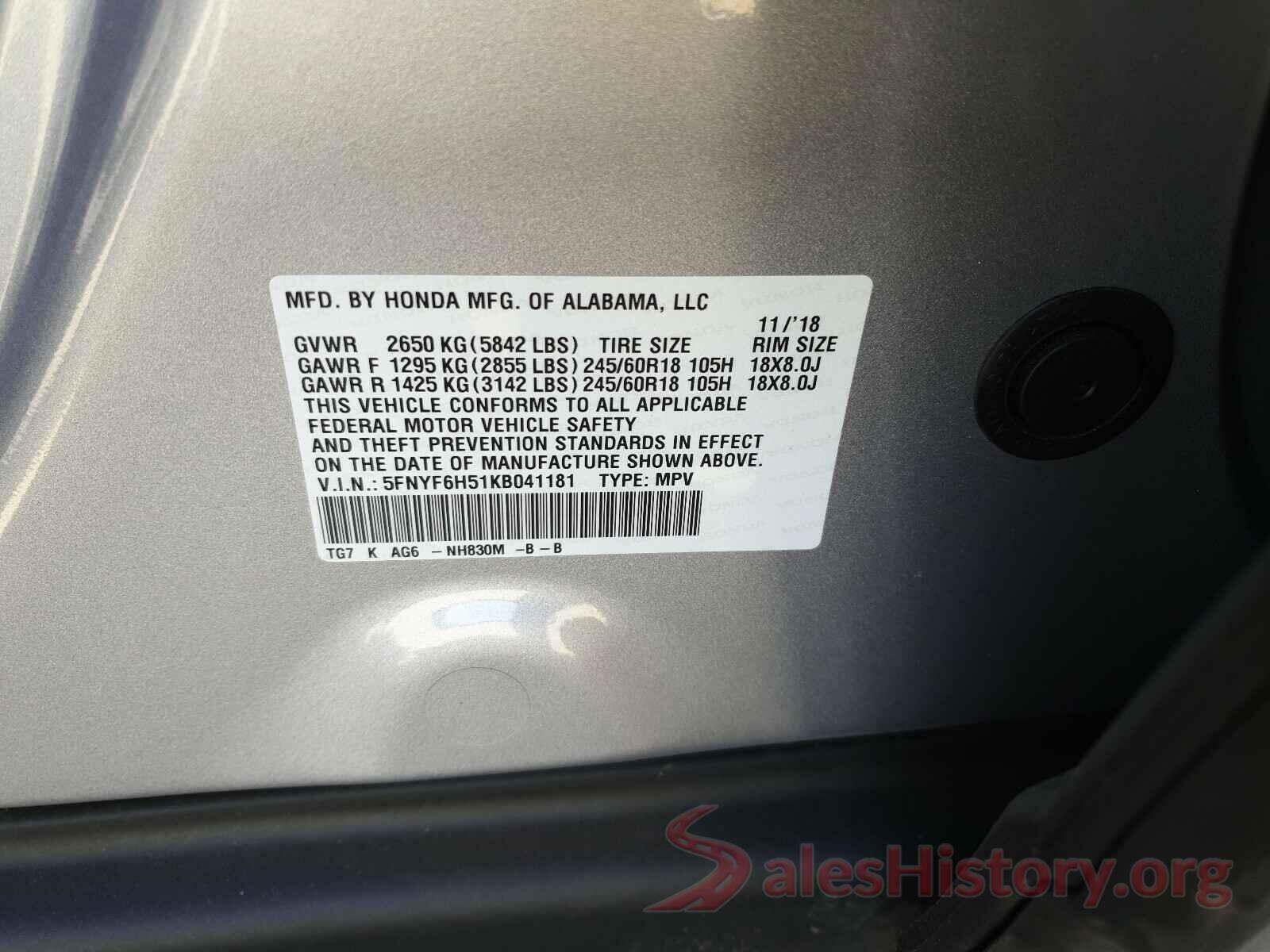 5FNYF6H51KB041181 2019 HONDA PILOT