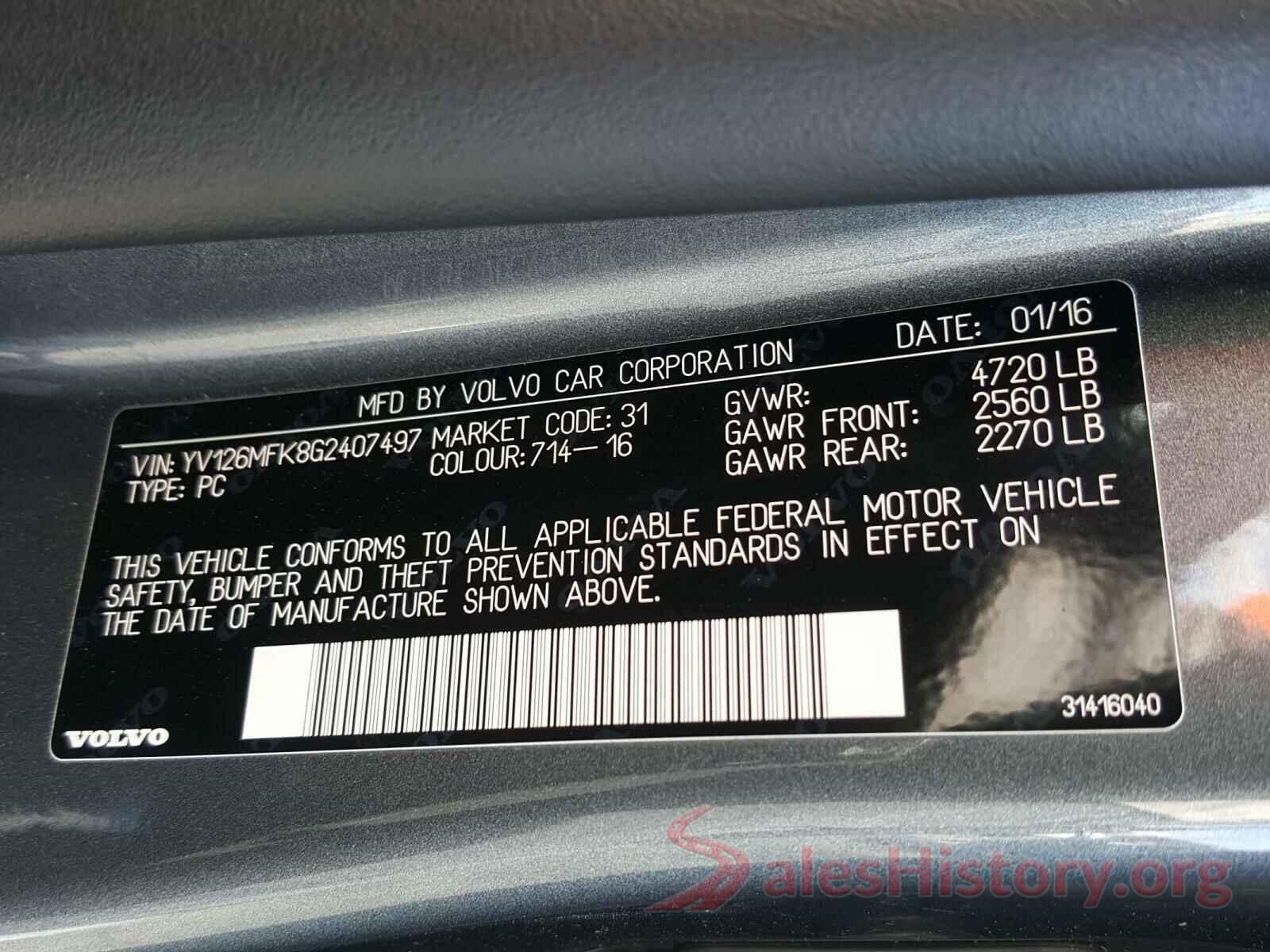 YV126MFK8G2407497 2016 VOLVO S60