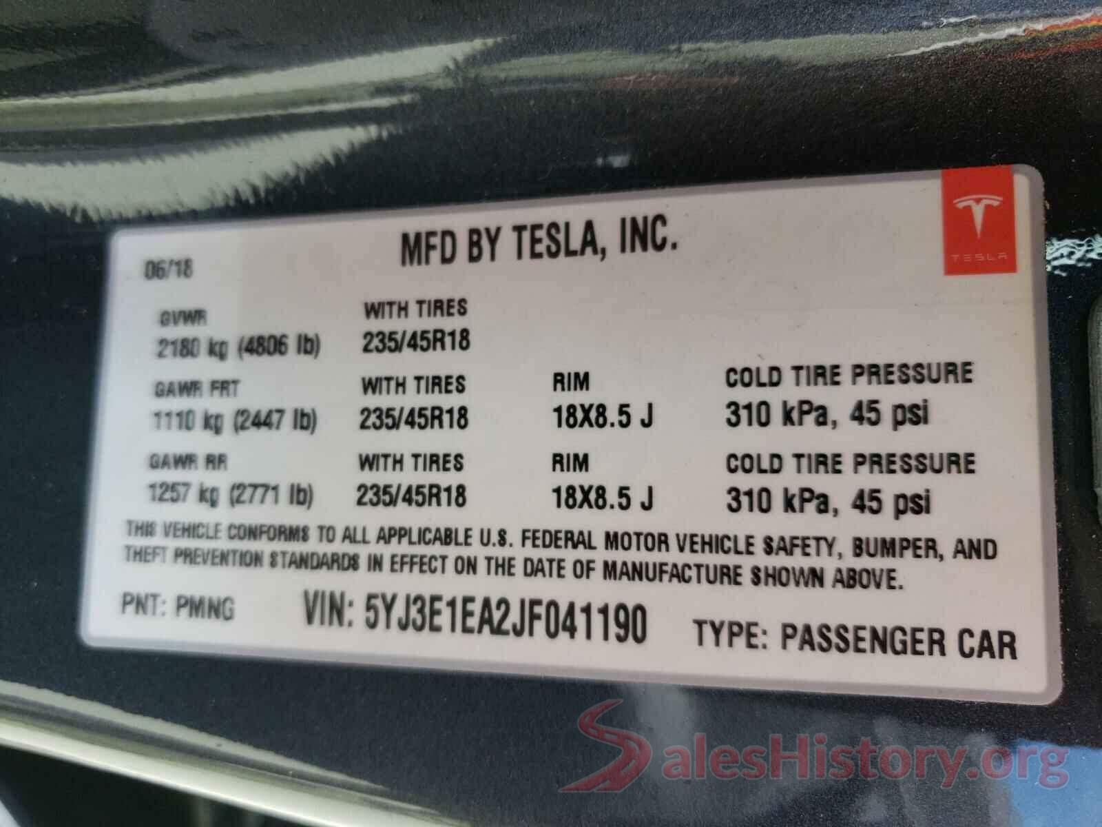 5YJ3E1EA2JF041190 2018 TESLA MODEL 3