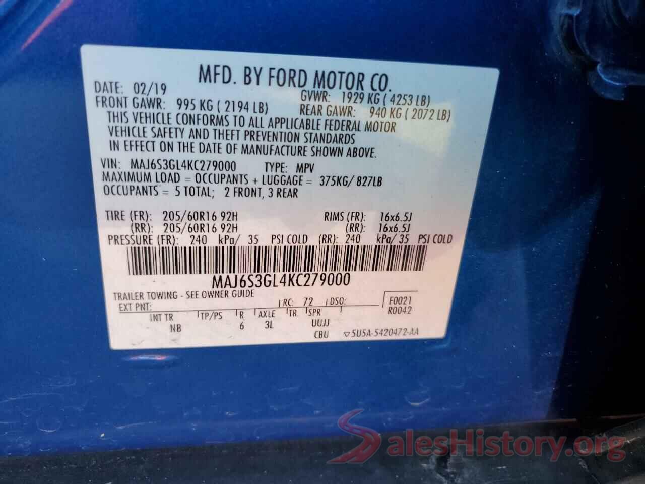 MAJ6S3GL4KC279000 2019 FORD ECOSPORT