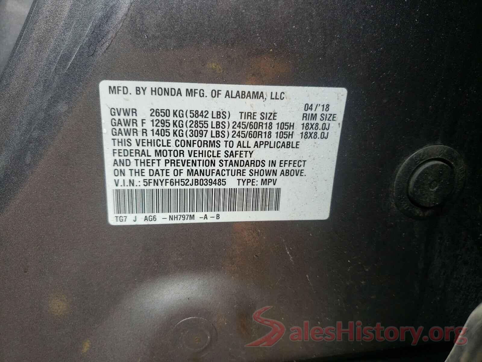 5FNYF6H52JB039485 2018 HONDA PILOT