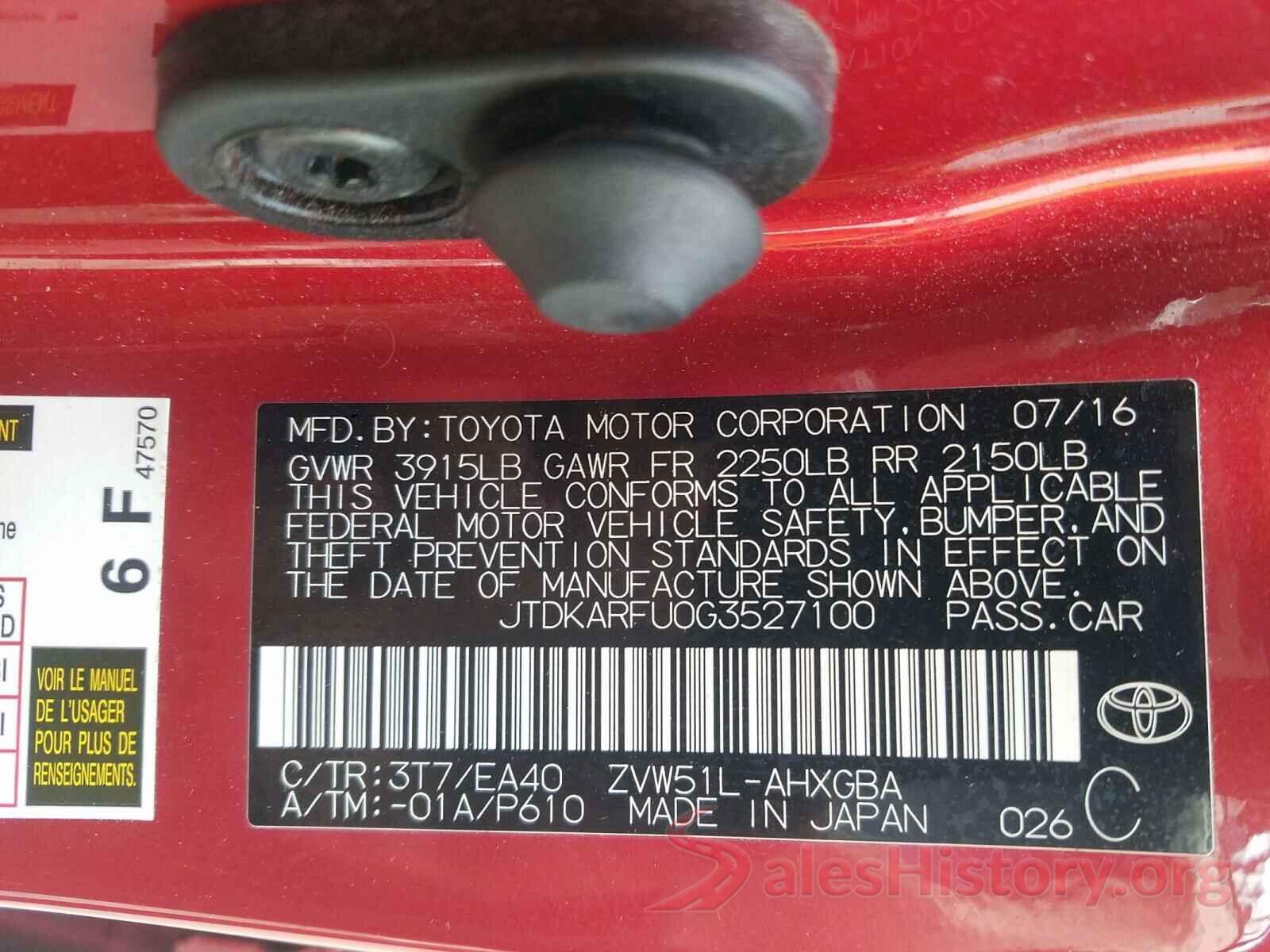 JTDKARFU0G3527100 2016 TOYOTA PRIUS