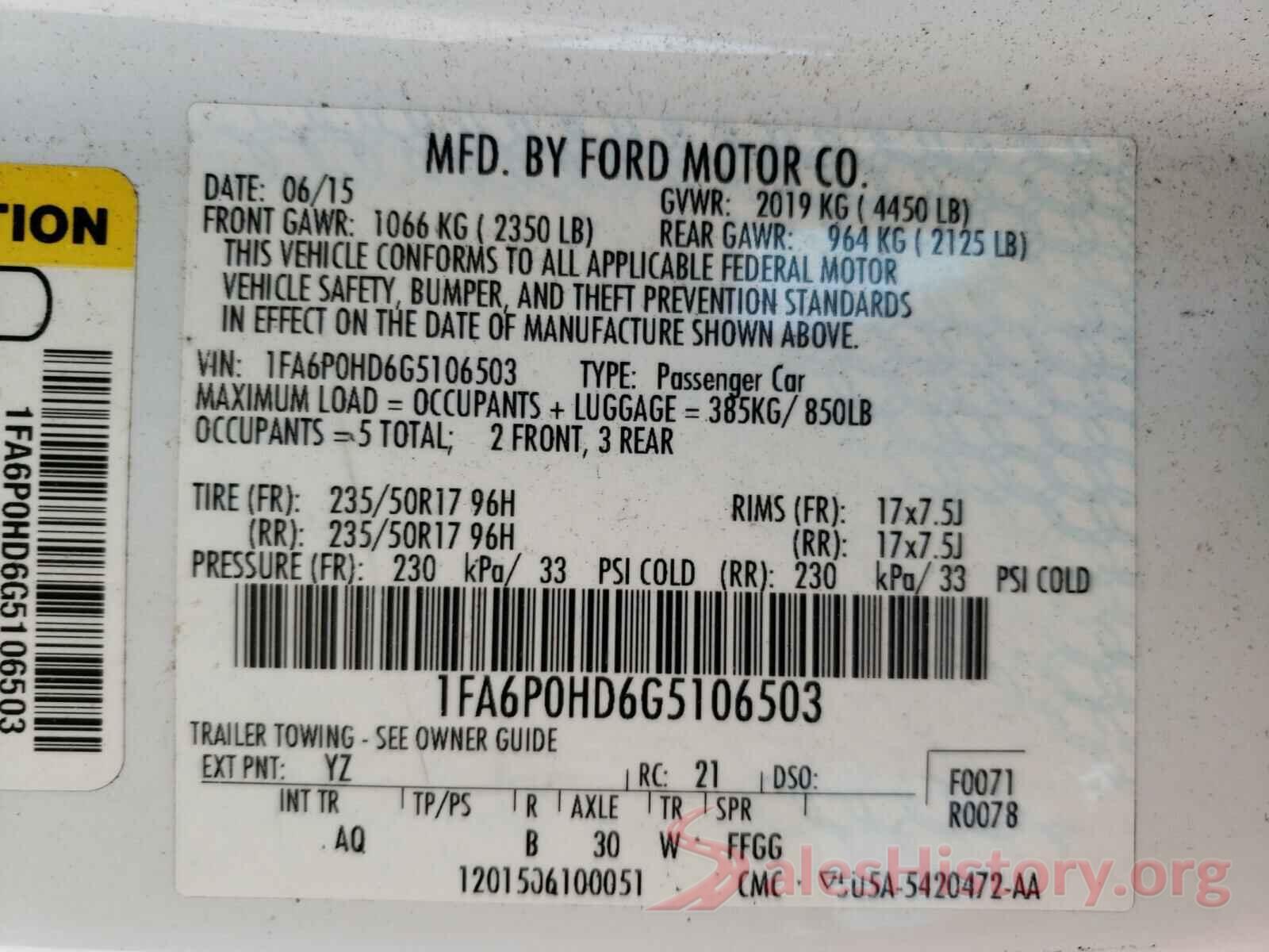 1FA6P0HD6G5106503 2016 FORD FUSION