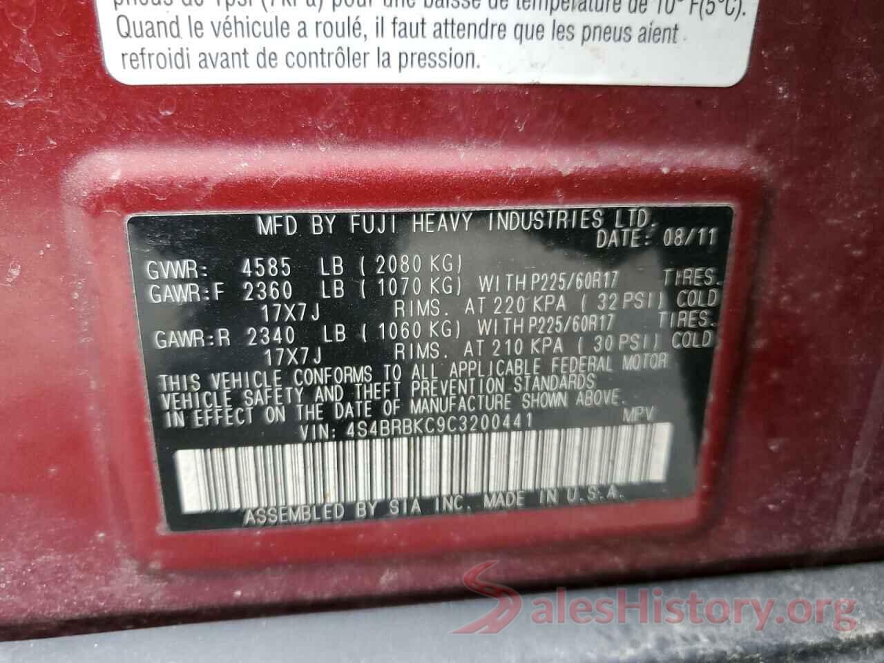 4S4BRBKC9C3200441 2012 SUBARU OUTBACK