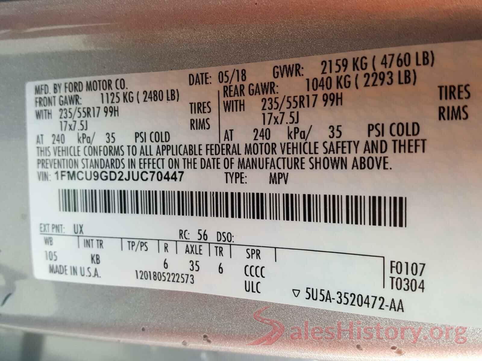 1FMCU9GD2JUC70447 2018 FORD ESCAPE