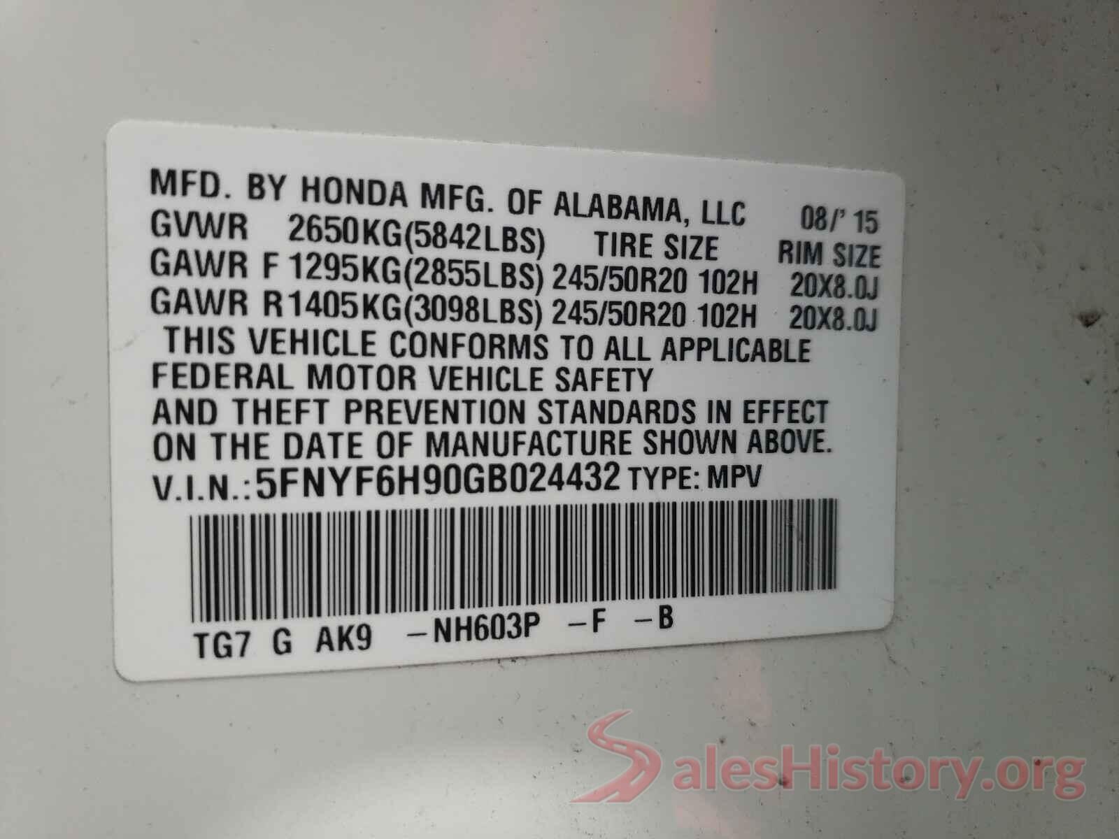 5FNYF6H90GB024432 2016 HONDA PILOT