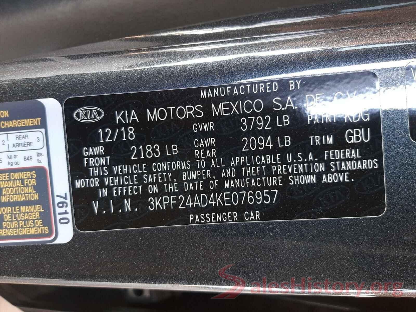 3KPF24AD4KE076957 2019 KIA FORTE