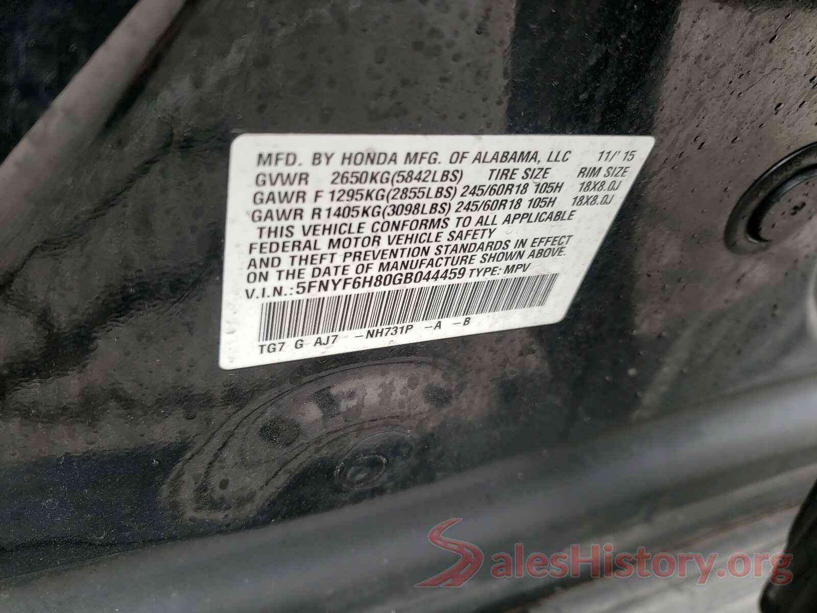 5FNYF6H80GB044459 2016 HONDA PILOT