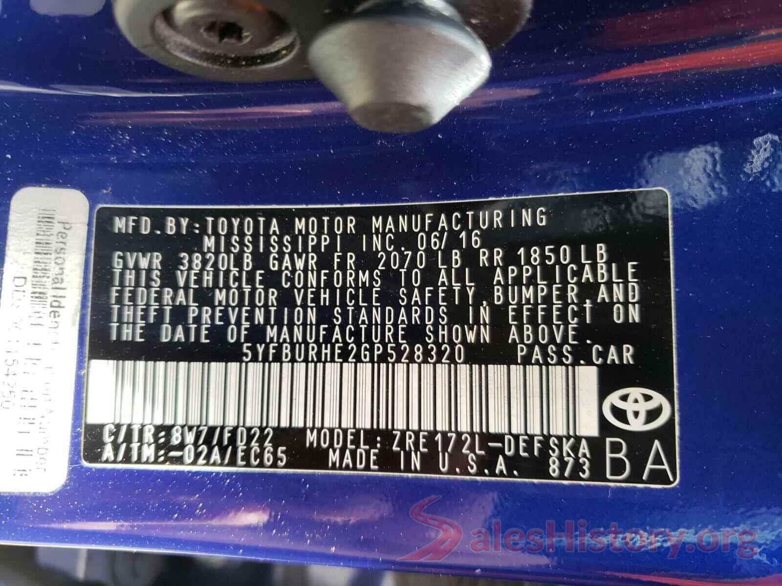 5YFBURHE2GP528320 2016 TOYOTA COROLLA