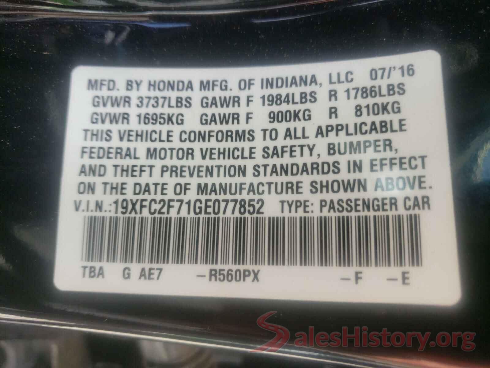 19XFC2F71GE077852 2016 HONDA CIVIC